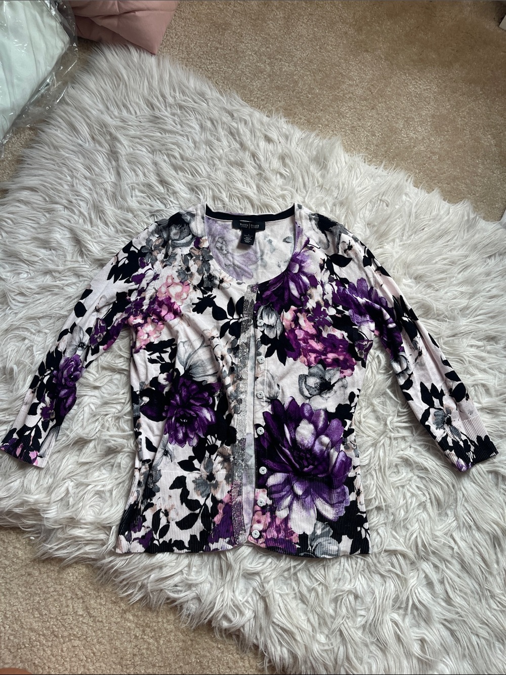 White House Black Market Purple Black White Floral Button-Down Cardigan
